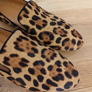 J Crew Leopard Calf Hair Smoking Loafers